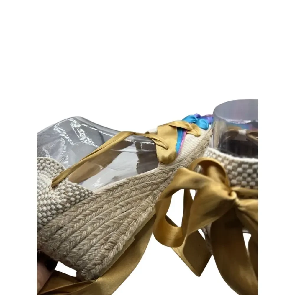 Sevillas Women Multicolored Ribbon Wedge Espadrille Sandals Gold Ties Size 42